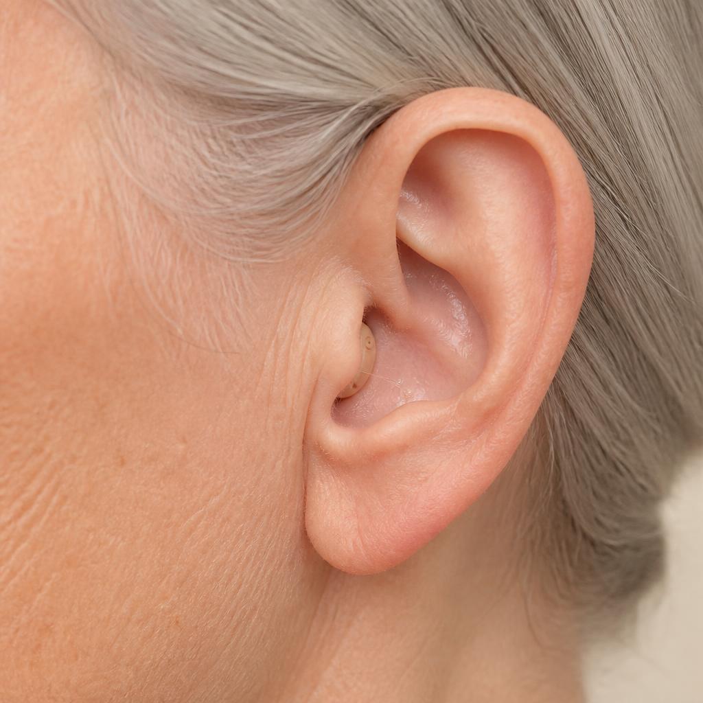 Completely-in-Canal (CIC) hearing aid worn on an ear
